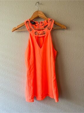 bebe y2k Orange Sleeveless Halter Top with Chain Collar Neckline XS